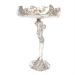 WMF figural centre piece the pedestal in the form of a woman, holding flower bud, the bowl decorate with vine leaves and berries, mark stamped to base, H38cm