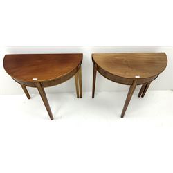 Pair 20th century mahogany demi-lune drop leaf tables, square tapering supports 