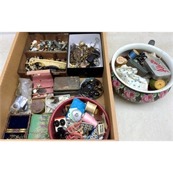  Large assortment of costume jewellery and sewing accessories including some gold, watches, pin cushions, buttons, Victorian ivory sewing implement, folding knives, pens and miscellanea in one box  