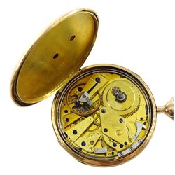 18ct gold open face key wound quarter repeating cylinder pocket watch, the gilt dust cover signed 'Echappement En Pierre... Capt J Freundle? A Geneve, No.542', white enamel dial with Roman numerals and subsidiary seconds dial, plunge repeat in the pendant, engine tuned case