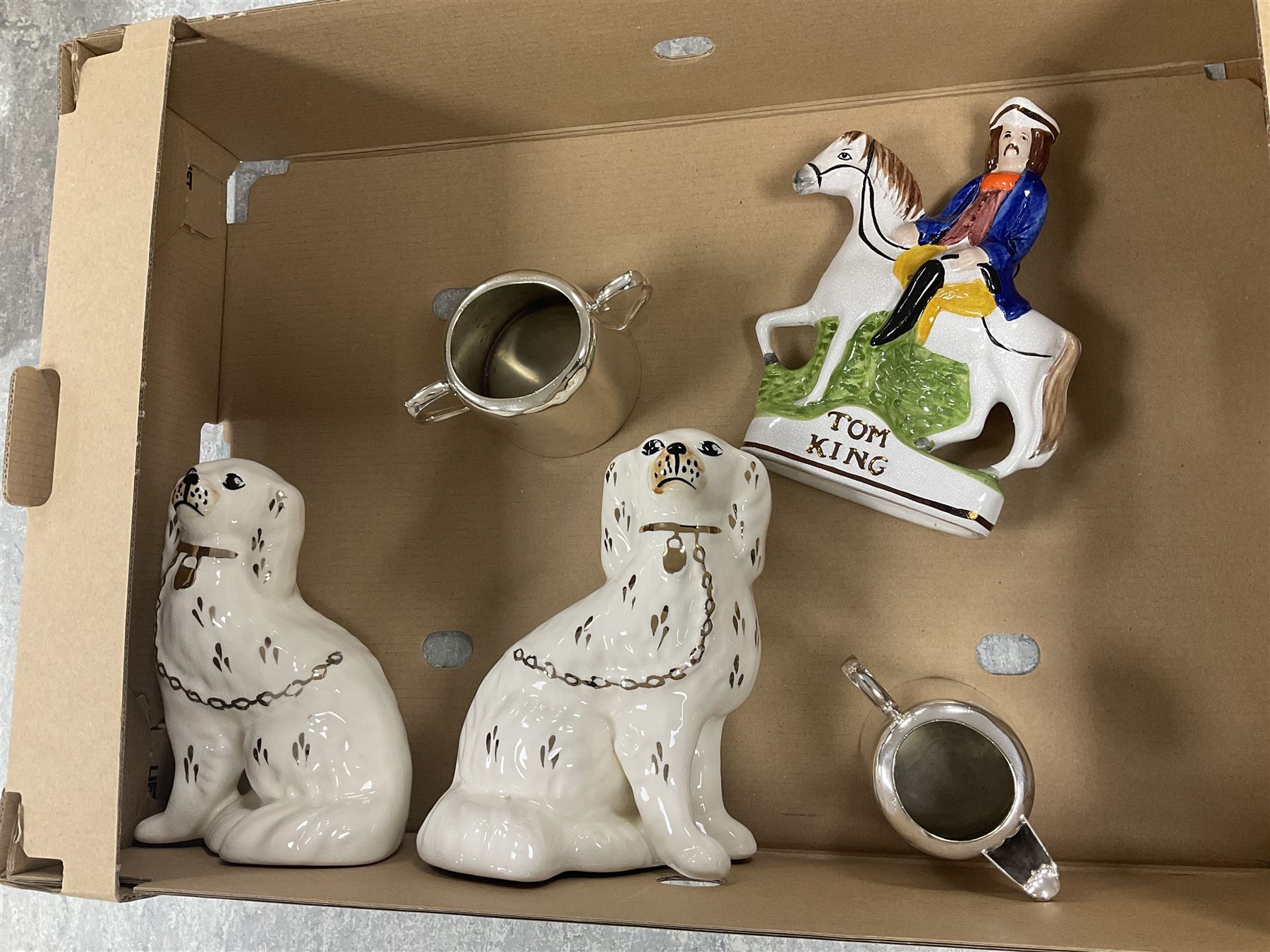 Pair of Staffordshire style dogs, together with Tom King Staffordshire style figure etc