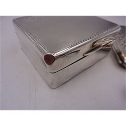 1920s silver cigarette case, of rectangular form with rounded corners, engraved with initials to front cover and scrolling decoration throughout, hallmarked John Rose Birmingham 1922, together with a 1930s silver mounted cigarette box, of plain rectangular form, with engraved initials and engine turned decoration to hinged cover, opening to reveal a softwood lined interior, hallmarked William Neale & Son Ltd, Birmingham 1939, box H3.5cm