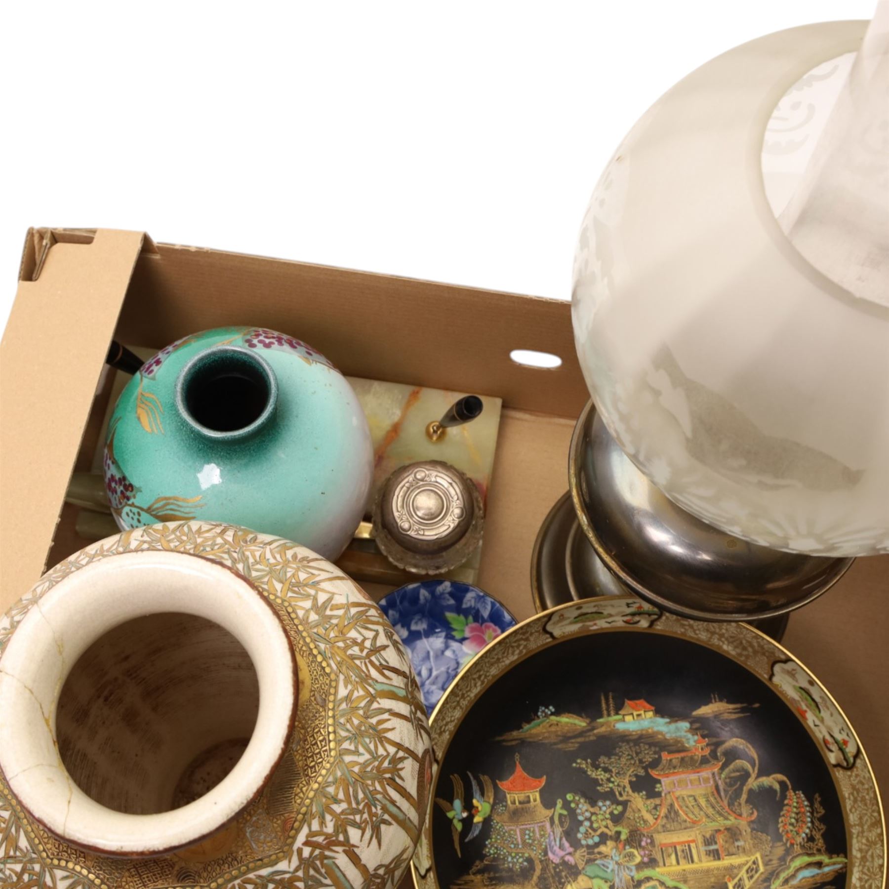 Brass table oil lamp, another oil lamp, Japanese vase, Carlton ware bowl etc