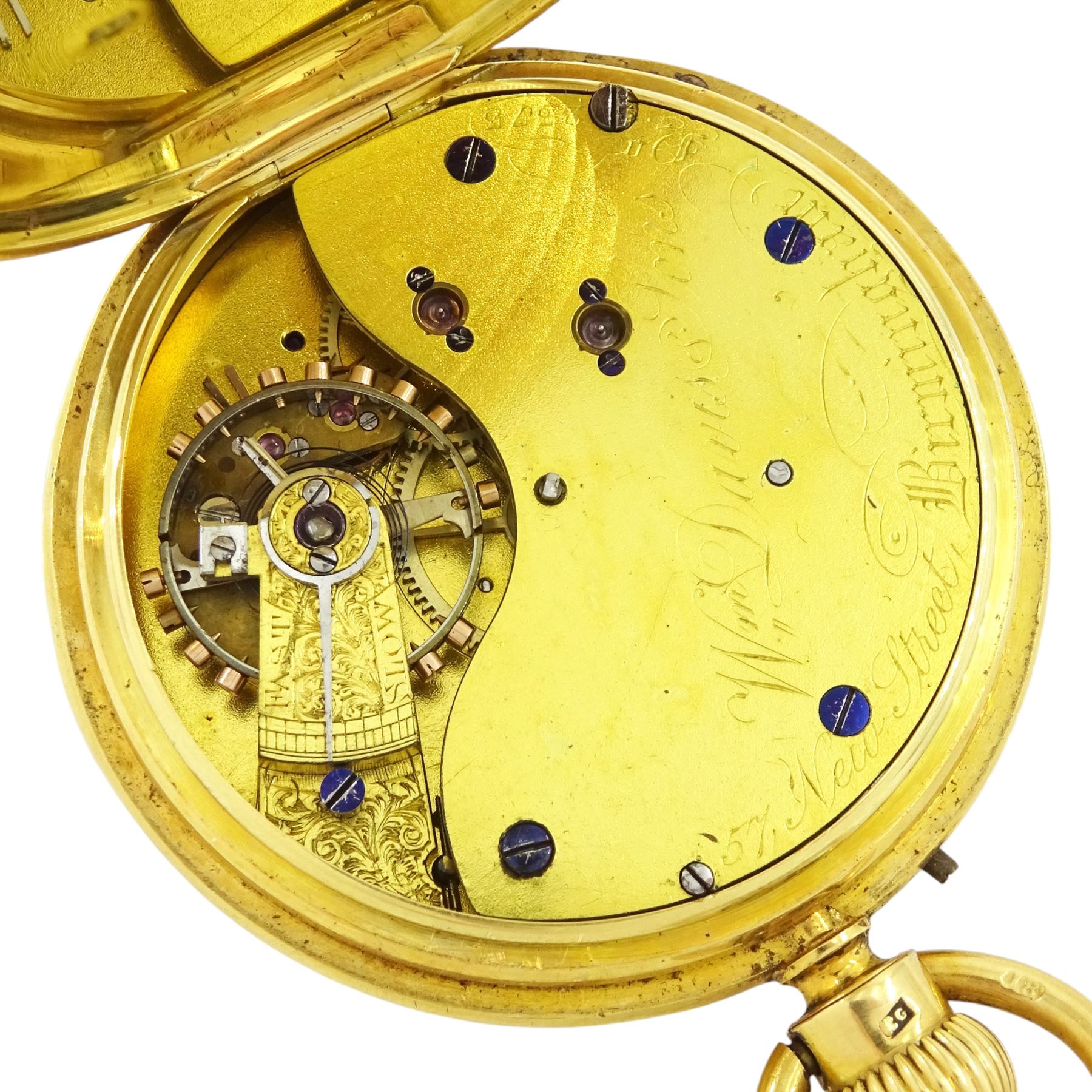 Early 20th century 18ct gold open face keyless lever pocket watch by W. Davis & Sons, Birmingham, No. 2373, white enamel dial with Roman numeral hour markers and subsidiary seconds dial, back case monogrammed with initials, markers mark AS, London 1928