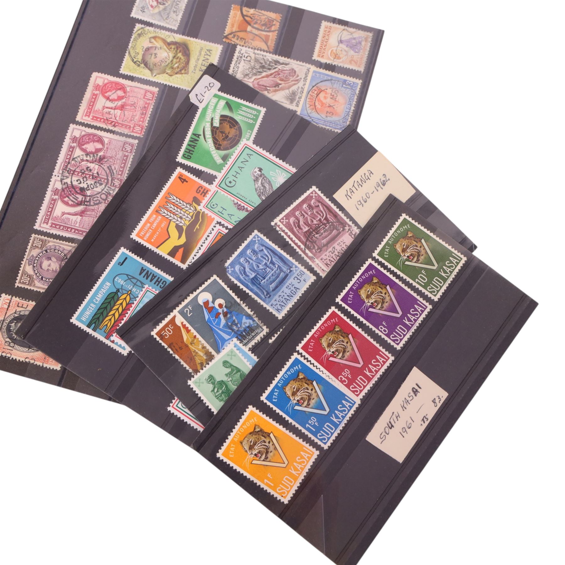 African stamps, mainly early 20th century, including Suez Canal postage 1868, King George V Nyasaland two shillings and six pence, South Africa 1935 Silver Jubilee six pence pair, unused, etc, housed on stock cards
