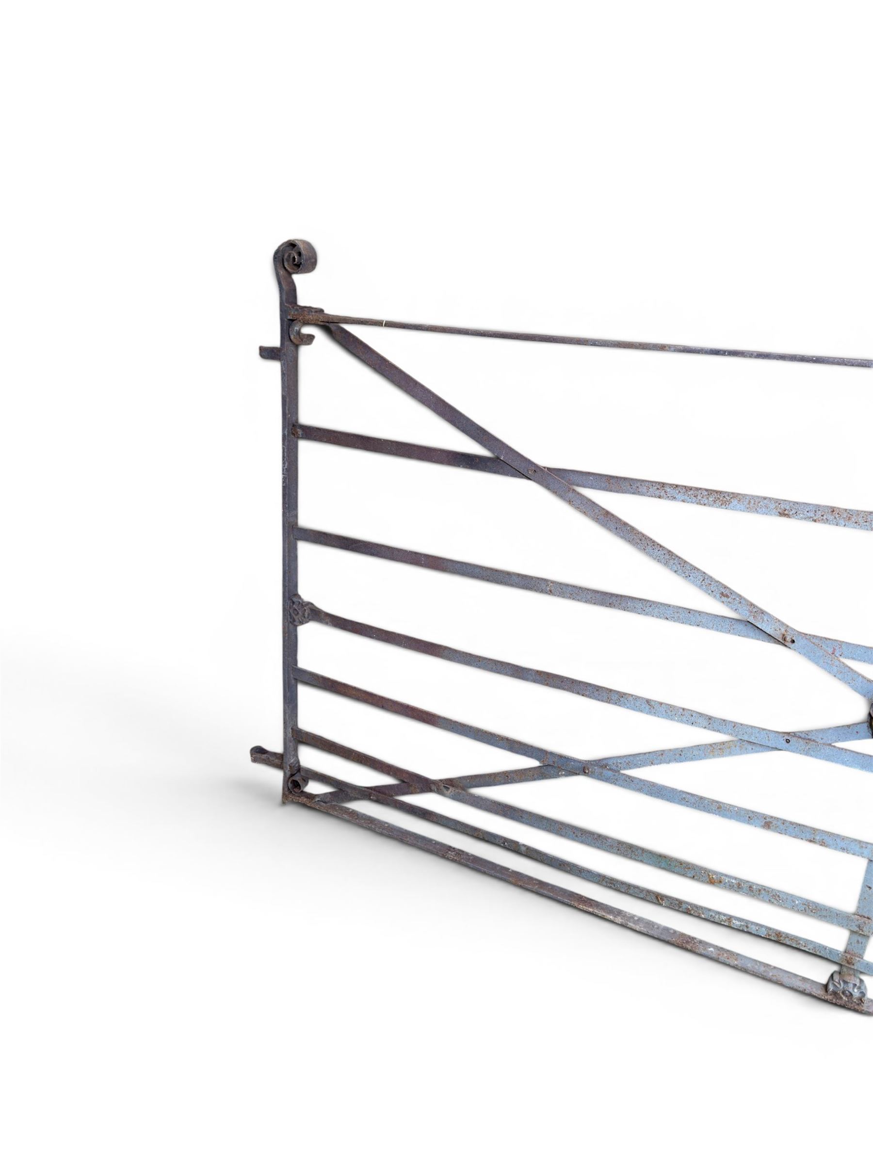 19th century Regency design painted wrought iron country estate gate, strapwork detail with five cast motifs, stamped W & J Rodenhurst, Drayton