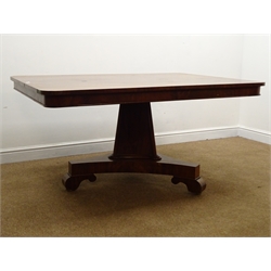  Early 19th century mahogany rectangular breakfast table, tapering triangular column support on shaped base and feet, W146cm, H73cm, D107cm  