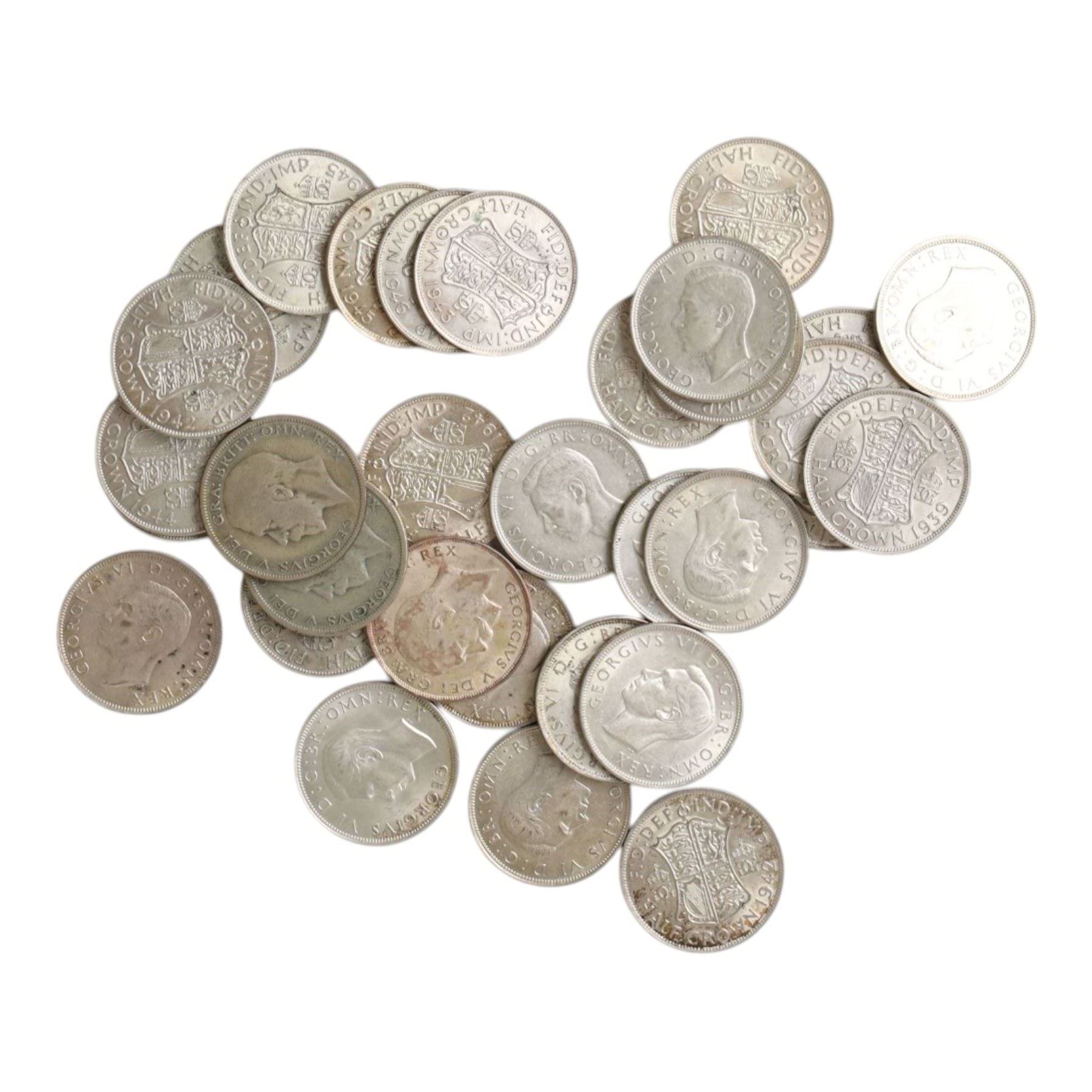 Thirty-two King George V and King George VI silver half crown coins, many lustrous and uncirculated