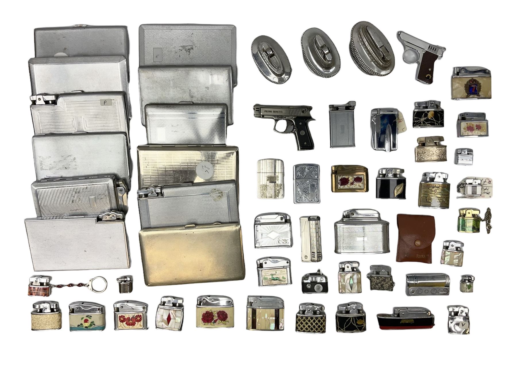 Collection of lighters to include examples by Ronson, Kingsway and Penguin, mother of pearl and engine turned examples, together with quantity of cigarette cases