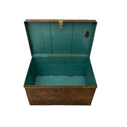 19th century pine double blanket/storage box, twin hinged top with strap work hinges, plinth base on bun feet; and a small tin box (2)