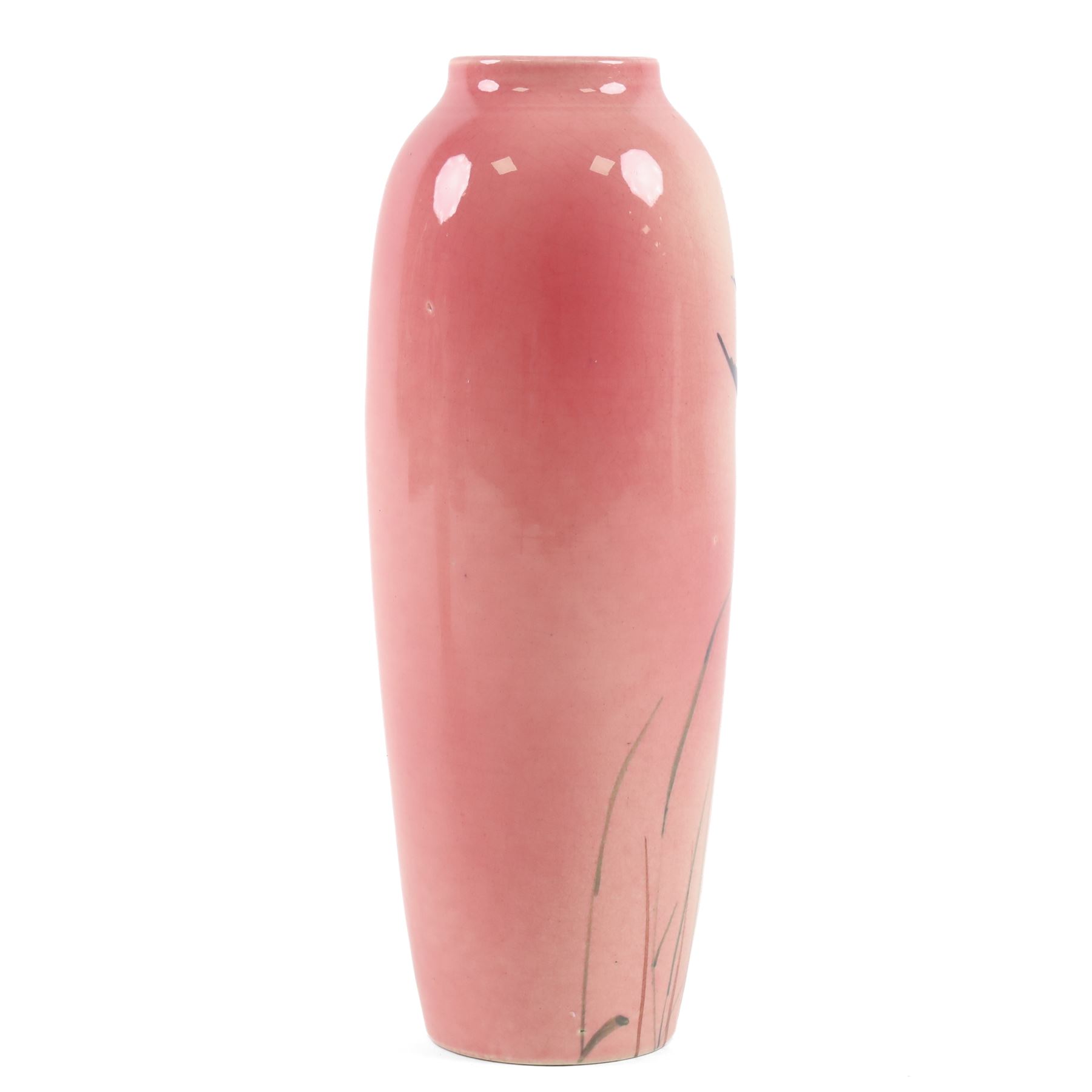 Pair Ault Pottery vases, decorated with swallows in flight upon a pink ground, H22cm