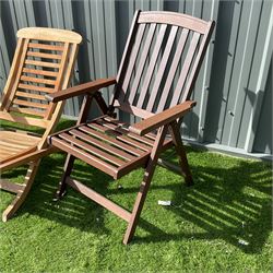 Two teak folding garden armchairs and folding lounger - THIS LOT IS TO BE COLLECTED BY APPOINTMENT FROM DUGGLEBY STORAGE, GREAT HILL, EASTFIELD, SCARBOROUGH, YO11 3TX