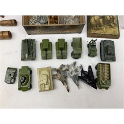 Assorted collectables to include WMF hammered cigarette box, wall mounted wooden display case, resin and silver, hallmarked, paperweight featuring Our Lady, a collection of Greek coins, ranging in dates, post war tin plate Matchbox military vehicles, Alphax I baby projector, with screen, etc  