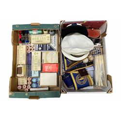 HMS President and Bundesmarine Navy caps, Bolton Corporation gilt buttons, advertising brushes, vintage shirt collars in original packaging, box of spun polyester thread, together with boxes of threads etc in two boxes