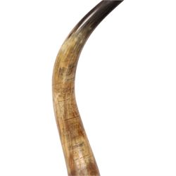 American horn with carvings to commemorate Billy Richardson the first Pony Express Rider dated April 1860 mounted on a wooden base 56cm
