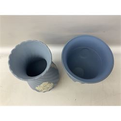 Wedgwood pale blue Jasperware, to include a pair of tulip vases, large vase with fluted rim, trinket dishes, trinket box etc, together with Wedgwood miniature hanging decoration in the form of a tea set 