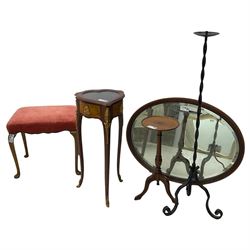 20th century cabriole leg stool; heart shaped bijouterie cabinet; wrought metal candle stand; small tripod table; three mirrors (7)