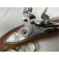 Reproduction non-firing flintlock pistol with brass skull crusher butt, the lock-plate inscribed 'Tower' and 'GR' L40cm; Sabre Japan Original Bowie Knife in sheath; and Indian embossed nickel two-piece walking cane (3)