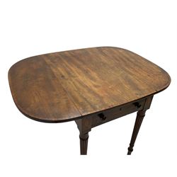 George III mahogany Pembroke table, drop-leaf oval top with satinwood band, fitted with single end drawer, inlaid with satinwood lozenge motifs, on turned and reeded supports with brass cups and castors