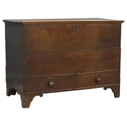  George lll oak mule chest with hinged top and interior candle box above two cockbeaded drawers with turned wooden handles on shaped bracket feet, W96cm, H71cm, D51cm   