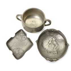 Quantity of Tudric pewter including small hammered pedestal bowl, milk jugs, sugar bowls etc and a WMF dish with Dutch figures No261