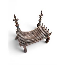 Victorian design cast iron fire grate with fire dogs, final over floral moulding and trefoil base