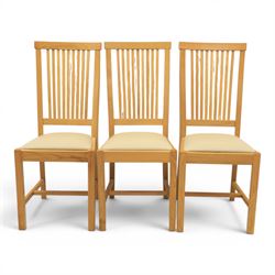 Contemporary oak dining extending table and set of six chairs, with additional leaf  extending to 182cm, chairs with cream upholstered seat