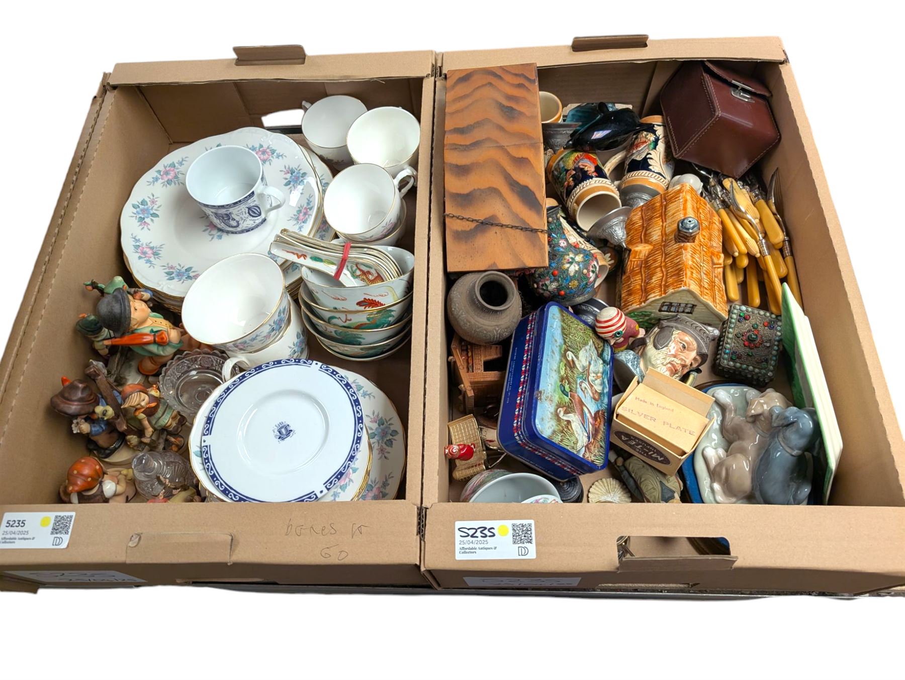 Nine Goebel Hummel figures, cuckoo clock, Colclough part tea service, Nao figure, Country Companions figure, etc, in two boxes 