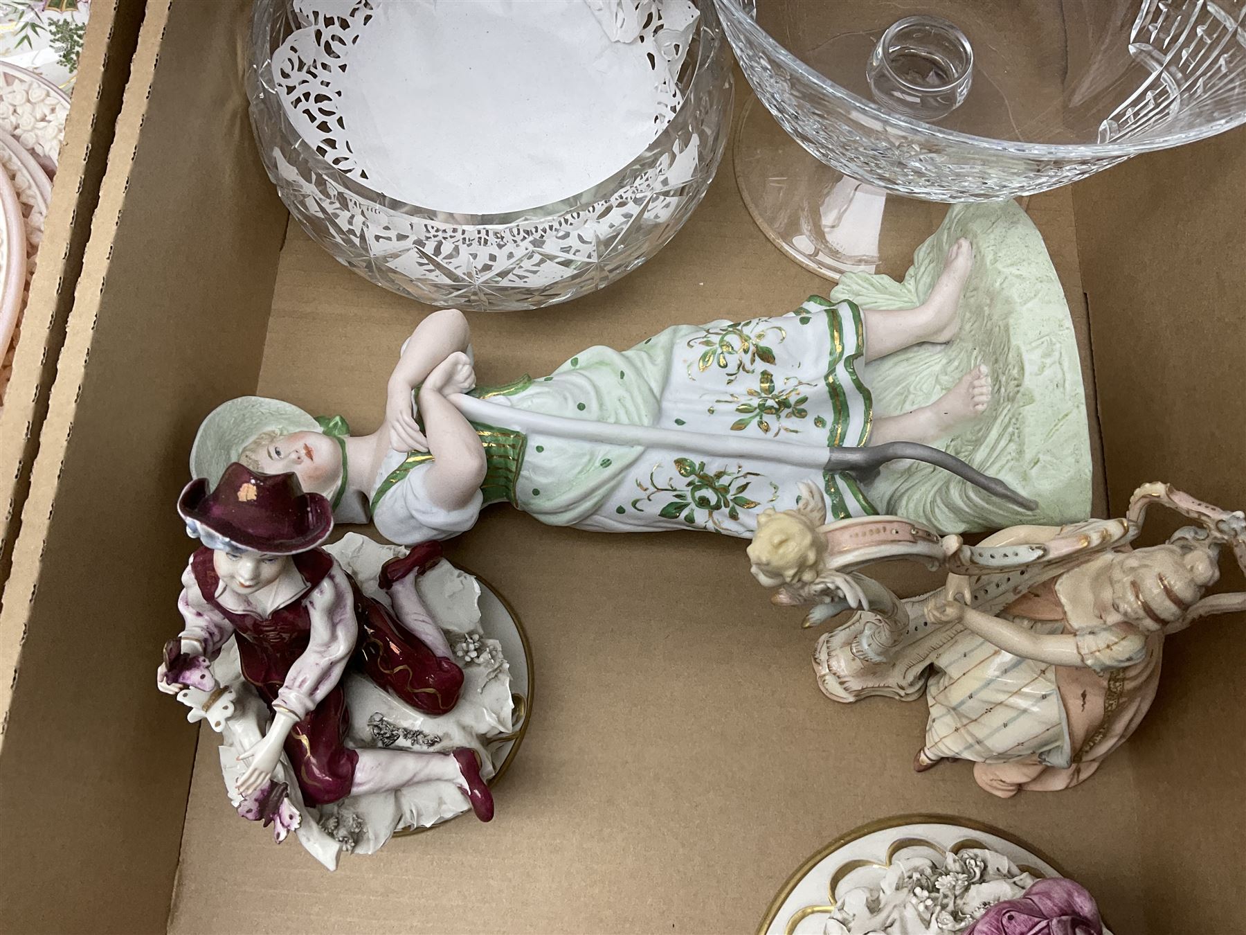 Bradford Exchange 'Shakespearean Lovers' collectors plates, continental figures, Royal Doulton and Dartington Crystal glassware and other ceramics and collectables, in three boxes