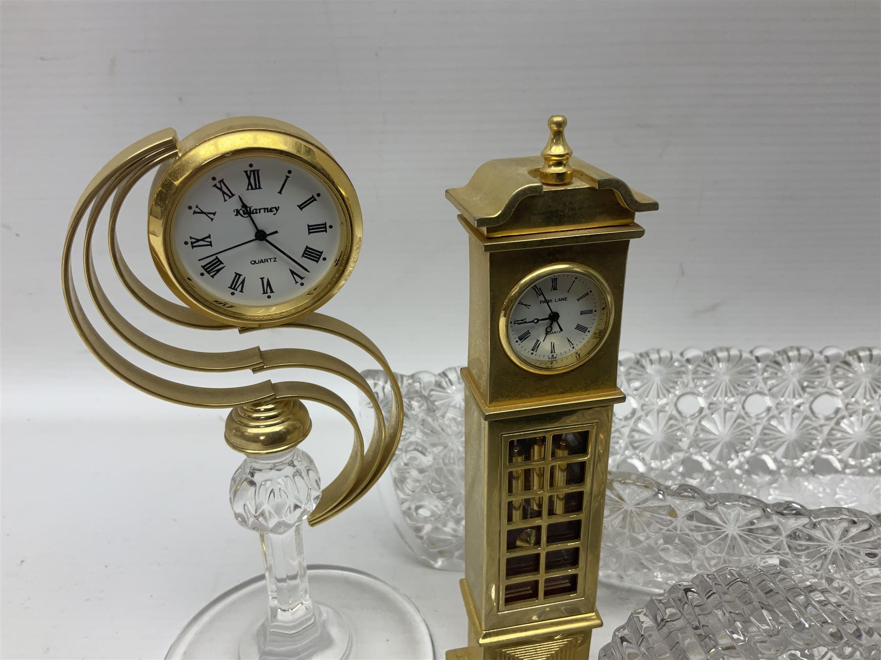 Six small mantel clocks; Grace Darling moulded glass dish; and boxed Beswick figure