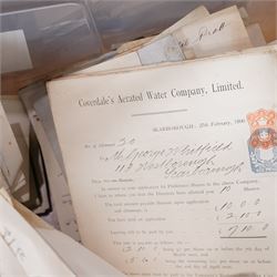 York and Yorkshire postal history and ephemera - large quantity of 19th and 20th century letters, postcards, stamped covers, empty envelopes, receipts, invoices, certificates, solicitor’s papers, estate papers and related ephemera, including York and Yorkshire addresses, Manor of Osbaldwick tithe rent-charge receipt, Joseph Peters & Sons solicitor material, marriage certificates, family correspondence, business invoices, Canadian/Montreal cover and various Victorian and later postal markings and stamps, in four large crates