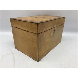 George III satinwood stationery box, of rectangular form, the hinged cover inlaid with shell patera and ebony stringing, opening to reveal a later compartmented interior, H15cm, W22.5cm, D15.5cm
