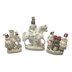 Three flat back Staffordshire figures to include Scottish huntsman with draped deer on horseback, spill vase modelled with lady and gentlemen etc