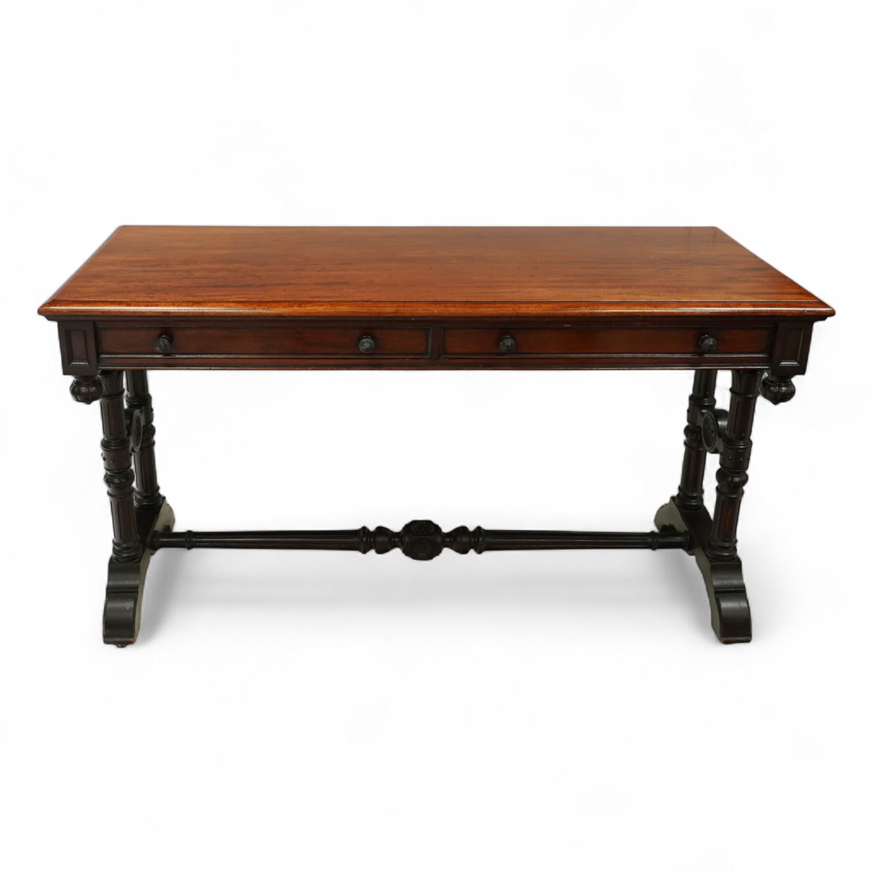 Victorian mahogany hall table, rectangular top with moulded edge over two frieze drawers with turned knob handles, raised on ring turned legs with bun feet, united by a ring turned stretcher