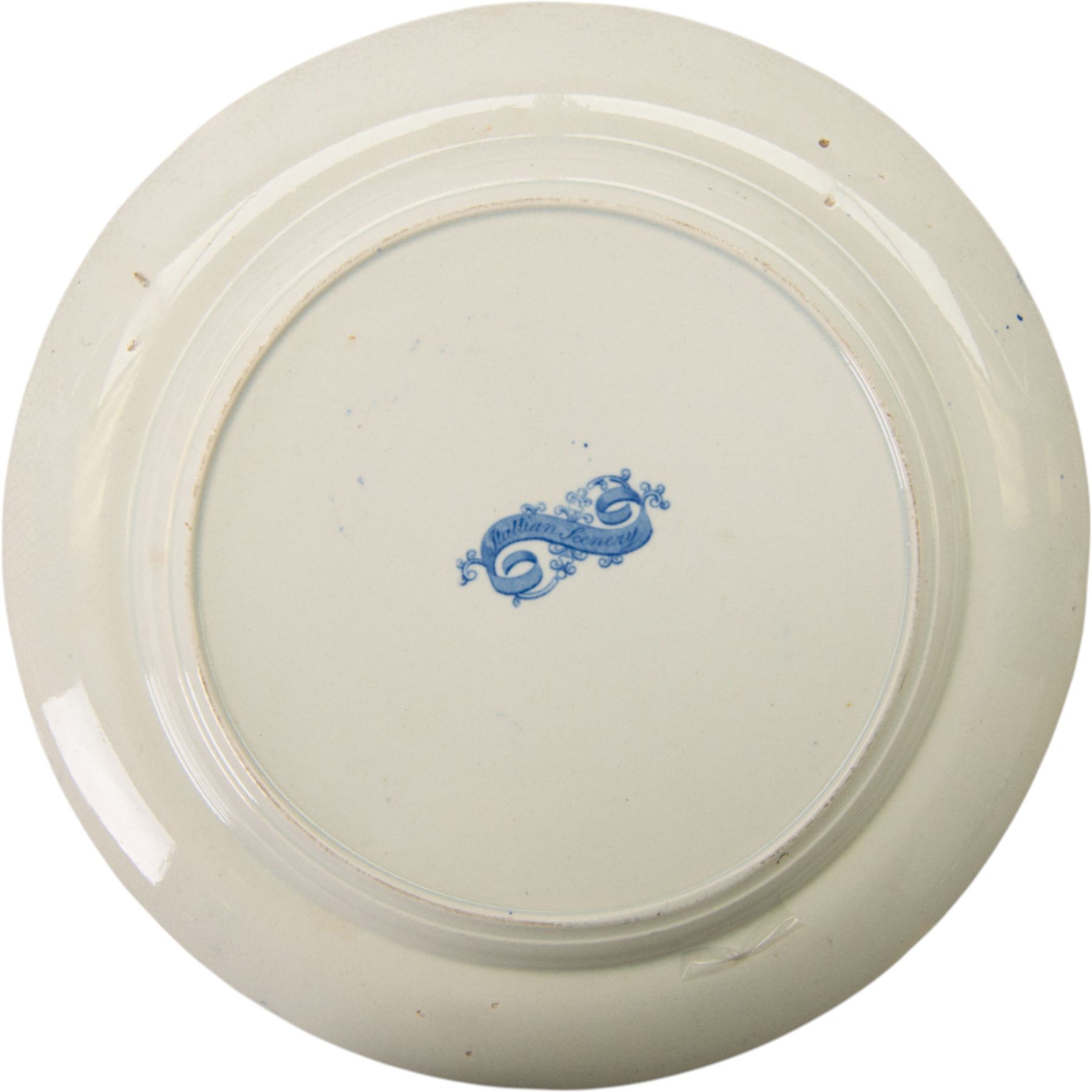 Eight 19th century transfer printed Italian Scenery pattern dinner plates, attributed to Leeds Pottery, with printed Italian Scenery mark beneath, D26cm