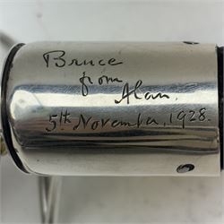 Early 20th century silver and blackbuck horn table lighter, the spherical burner in gimble, mounted and supported by two curved silver feet and horn, hallmarked Asprey & Co Ltd, London 1928, approximately L50cm


