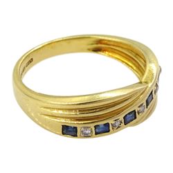 18ct gold channel set calibre cut sapphire and round cut diamond crossover ring, London import mark 1992