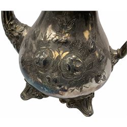 Two Georgian silver toddy ladles with baleen twist handles, (neither hallmarked), one with inset coin to bowl, together with a group of silver plate including cruet stand enclosing two glass bottles with stoppers, shaker and preserve pot with spoon, pair open salts with glass liners, etc. 