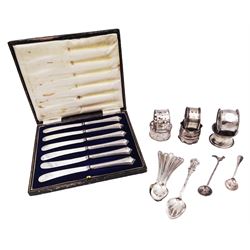  Group of silver, including set of six 1930s silver handled butter knives, hallmarked James Deakin & Sons, Sheffield 1936, contained within fitted case, together with set of six coffee spoons, six napkin rings and other silver flatware