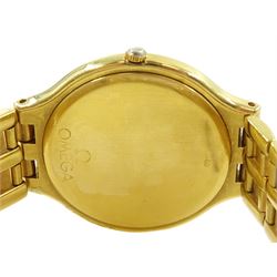 Omega gentleman's 18ct gold quartz wristwatch, Cal, 1436, bronzed dial with date aperture at 6 o'clock, on integrated Omega 18ct gold bracelet strap, with fold-over clasp, hallmarked