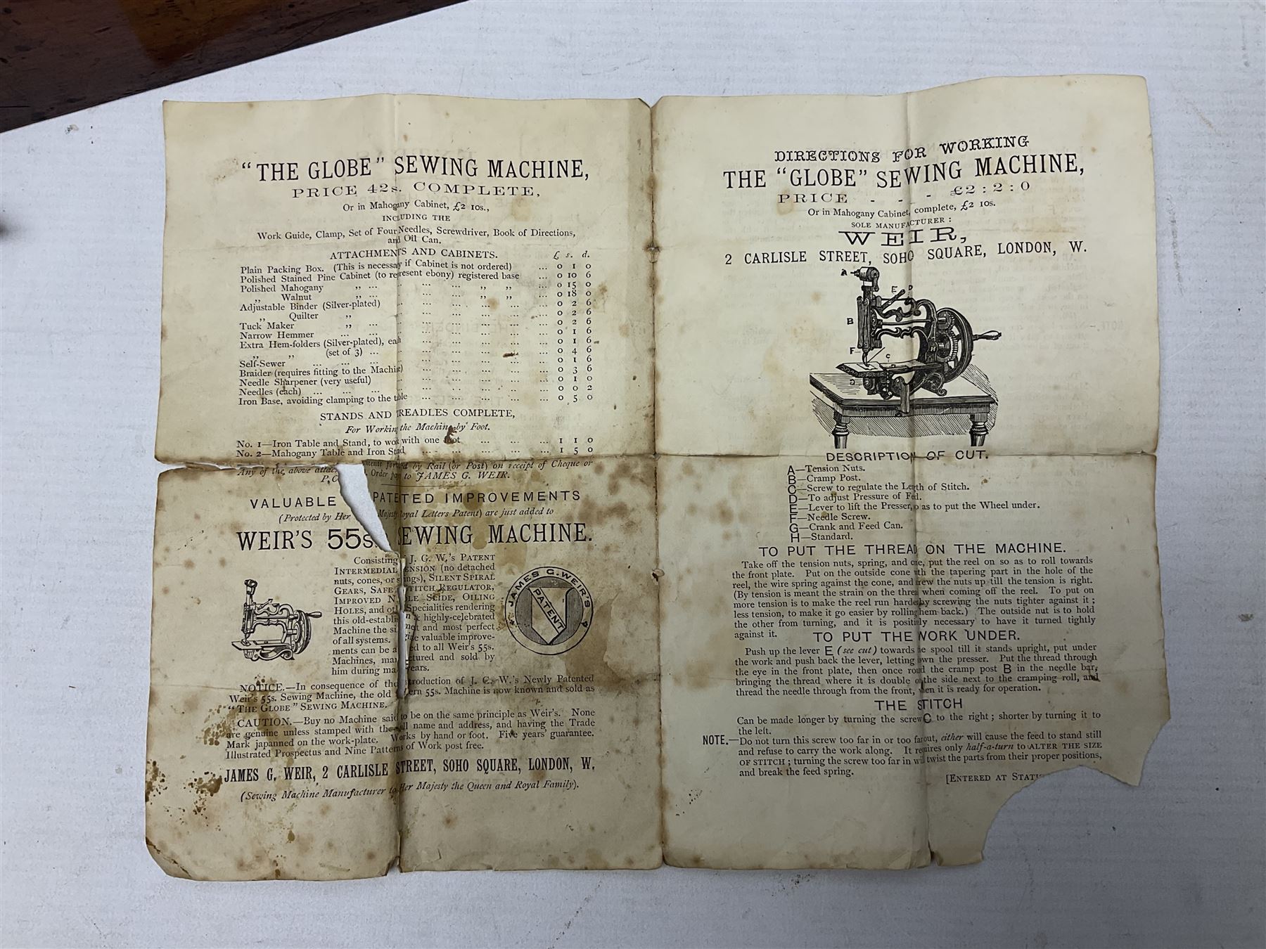 James G Weir 'The Globe' hand-cranked sewing machine, circa 1872, in black finish with gilt and flower painted decoration, the bed stamped Ja's G. Weir, 2 Carlisle Street, Soho Sq., London, with walnut locking carrying case and original manual, boxed H25cm 
