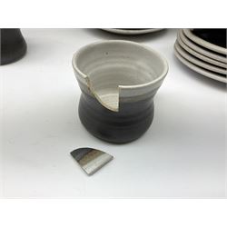 Marianne De Trey (British 1913-2016) stoneware coffee service for twelve, together with a large deep stoneware footed bowl and ladle with wood handle, all decorated in Manganese 'Pattern 1' with impressed shell marks, bowl D27cm