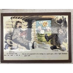 After F. Makain, set of three humorous colour prints on board in the 'Sketches of Tommy's Life' series, No.1 Out on Rest, No.2 Out on Rest and No.3 At the Base, 29 x 41cm, unframed; and a framed coloured photograph of a WW1 soldier (4)
