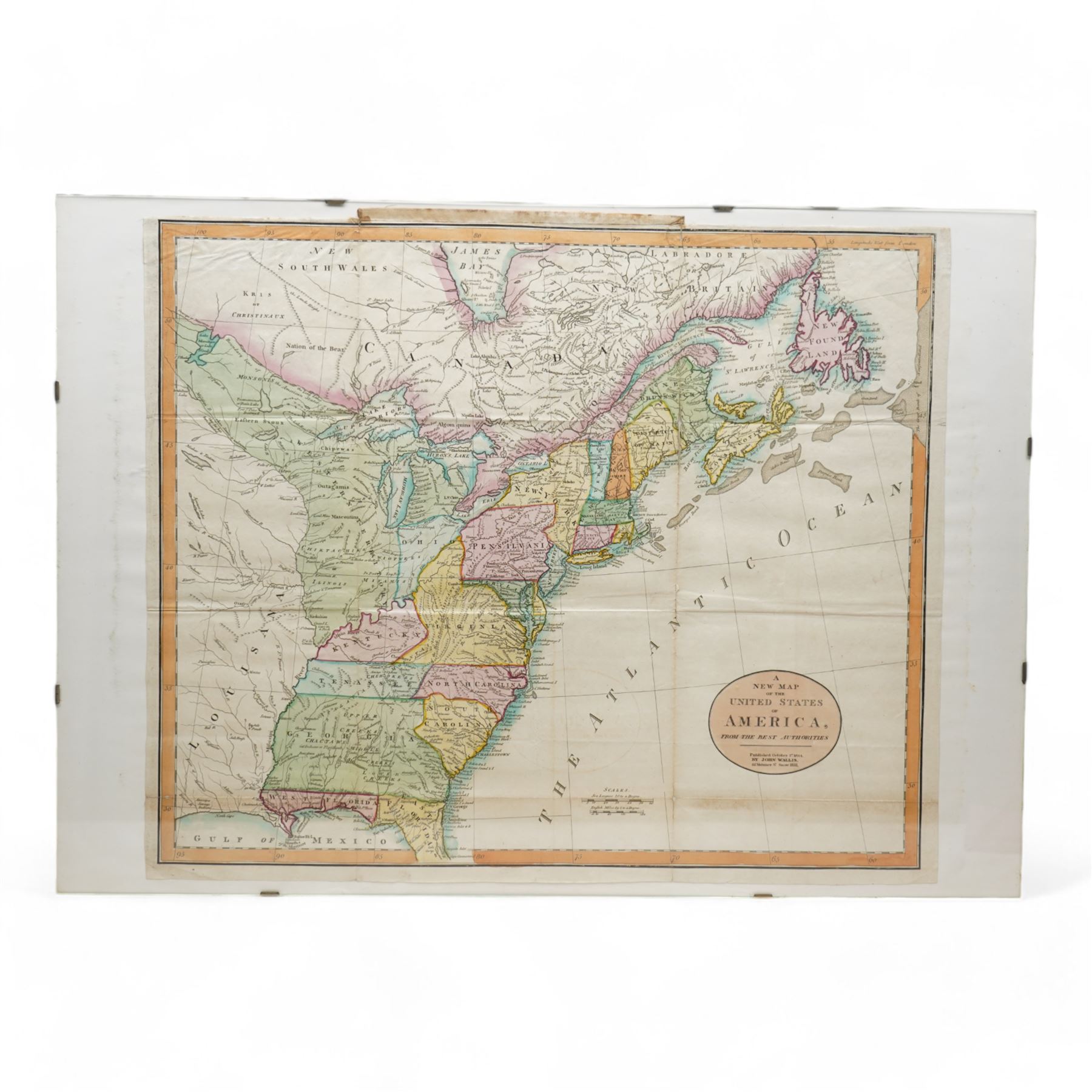 John Wallis (British 1745-1818): 'A New Map of the United States of America', early 19th century engraved map with hand-colouring pub. 1814, 48cm x 57cm