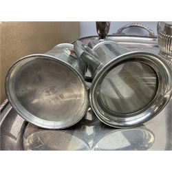 Collection of silver plate to include teapots, coffee pots, milk jug, sucrier, serving spoons, etc, together with pewter tankards 