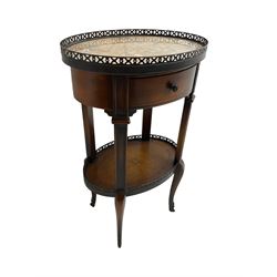 19th century French design mahogany etagere, oval marble top with pierced gallery, fitted with single drawer over under-tier with leather inset, raised on cabriole supports