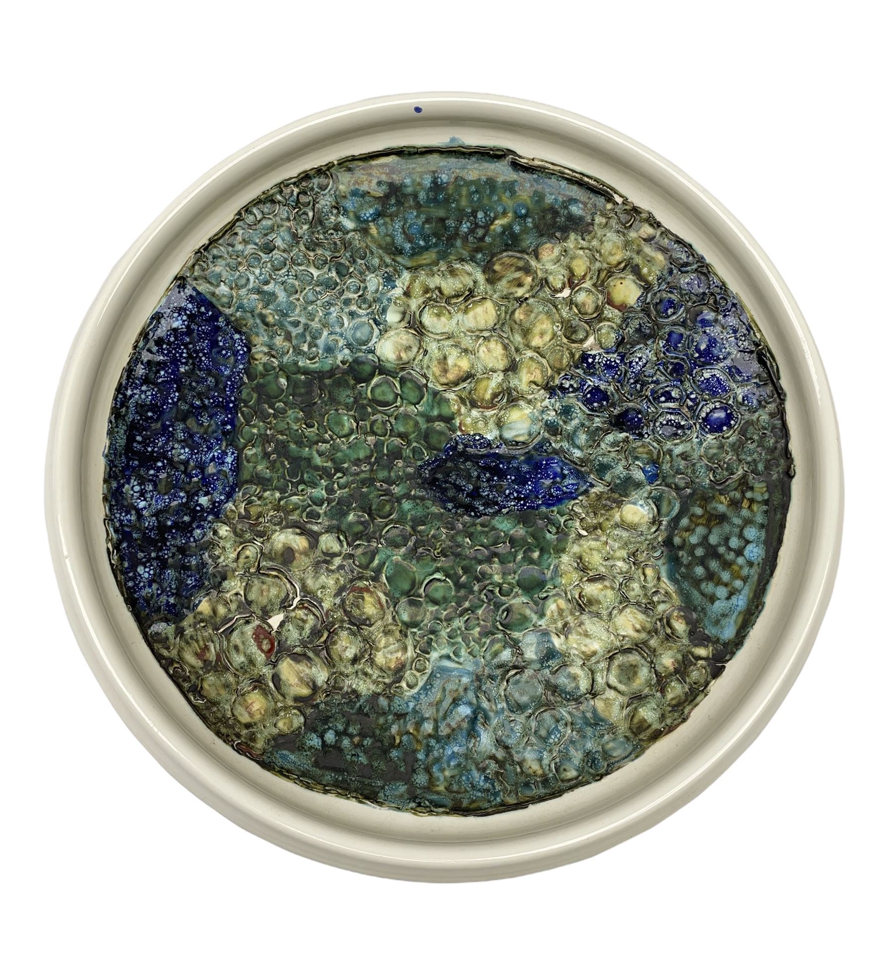 Tony Morris (British 1942-2018) for Poole Pottery: Studio pottery bowl of shallow circular form, thrown by Alan White, glazed and decorated by Tony Morris, impressed and painted marks to base, printed and painted marks beneath D35.5cm 