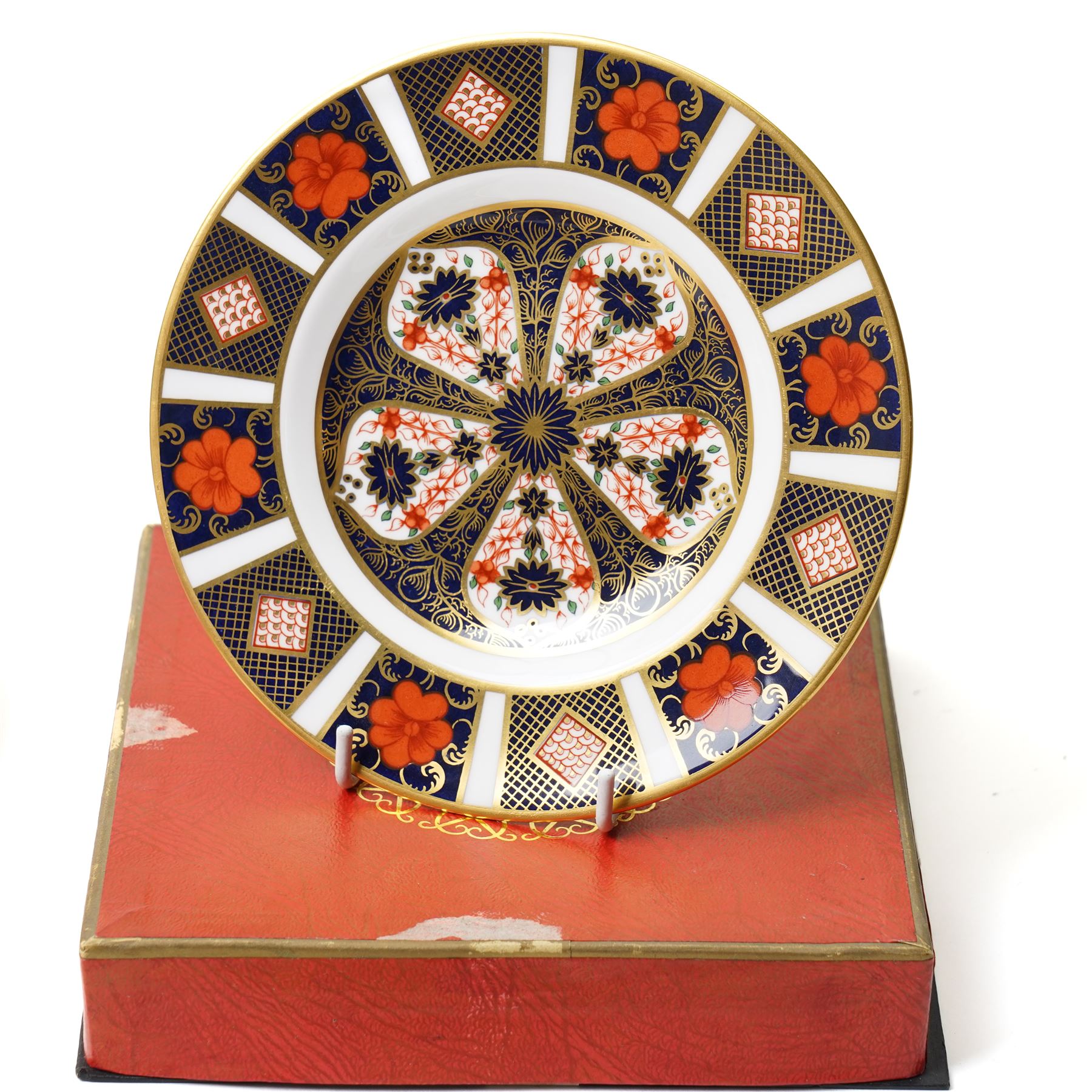 Pair of Royal Crown Derby Imari pattern plates 21cm, pair of tea plates, one boxed, tea cup and saucer and small vase, boxed all pattern 1128