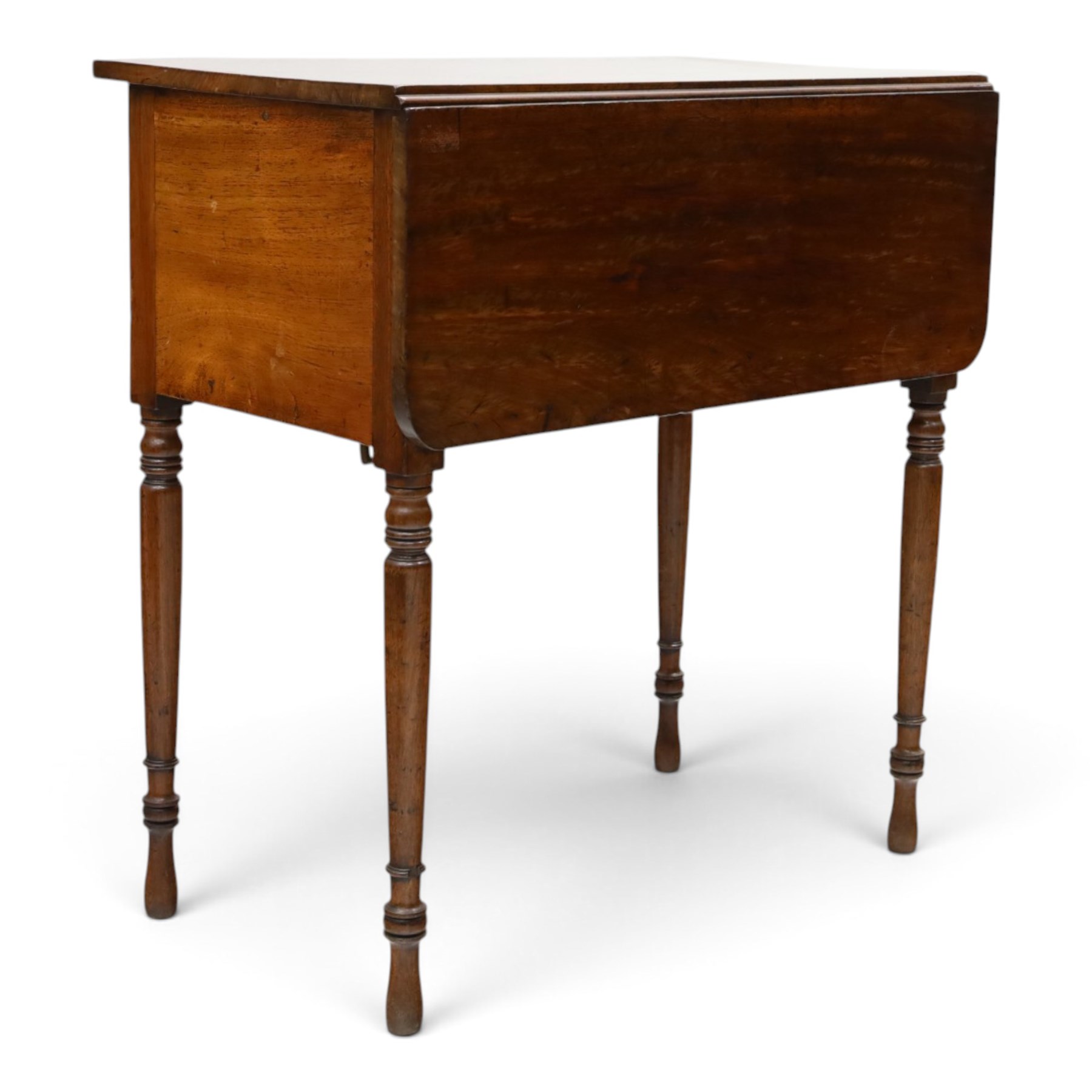 Early 19th century mahogany deception table with drop-front, rectangular top over drop-front with button action to the side, enclosing slatted-base compartment, raised on turned supports