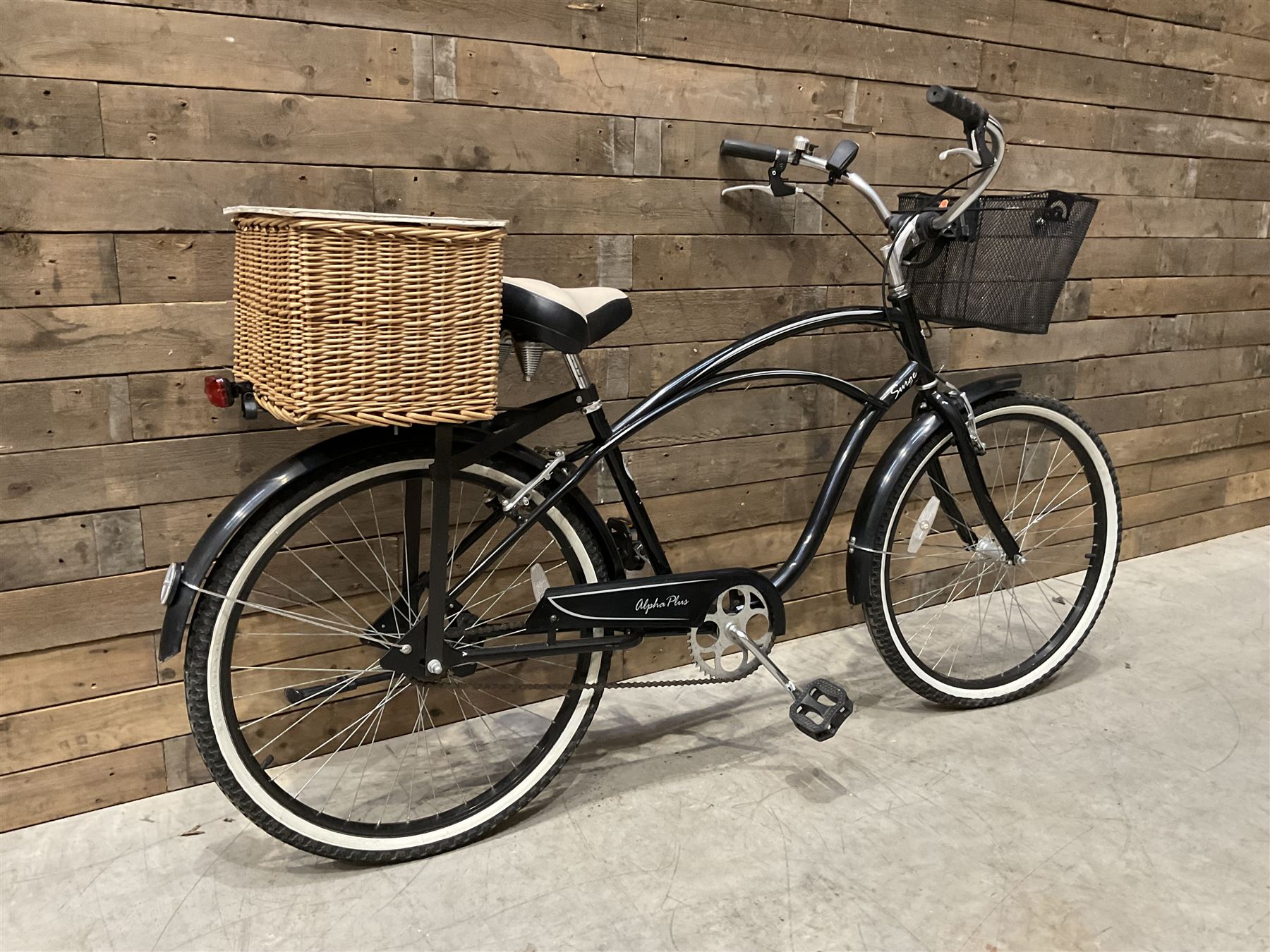 Alpha Plus Surge 26'' bicycle, black, with front and rear baskets